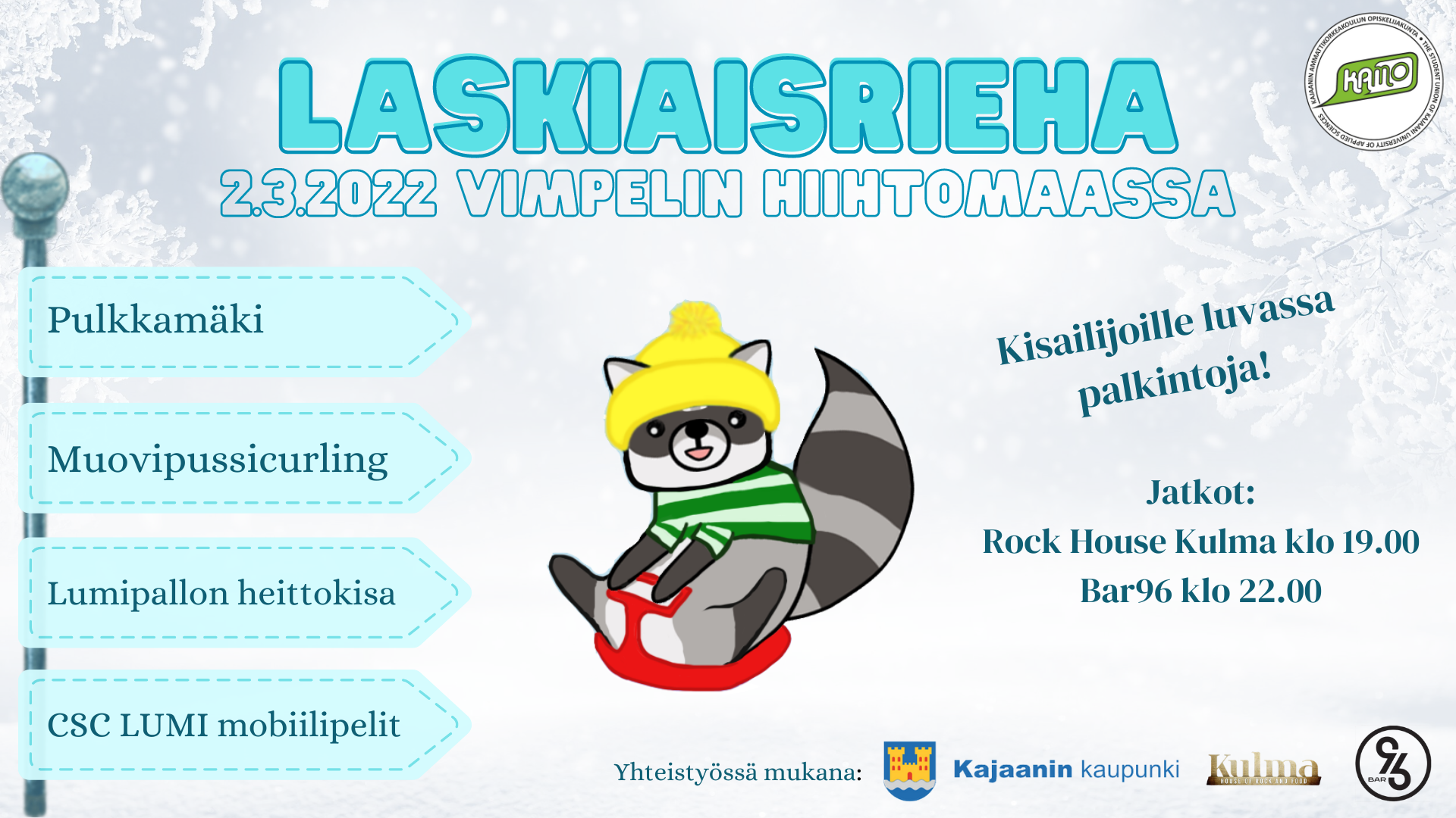 KAMOn maskotti Pönsse laskee punaisella liukurilla ja hänellä on päässään keltainen pipo.